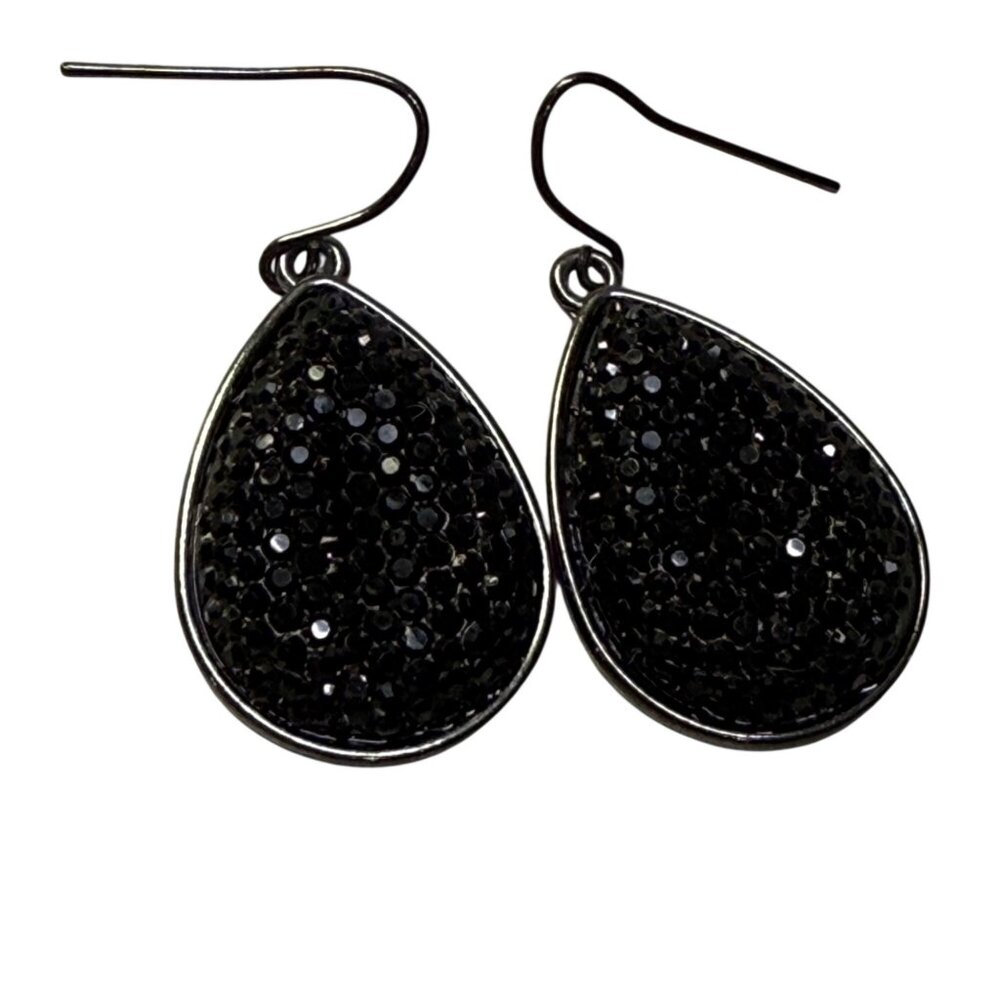 Black Teardrop Dangle Earrings With Sparkling Druzy Rhinestones Pierced Classic